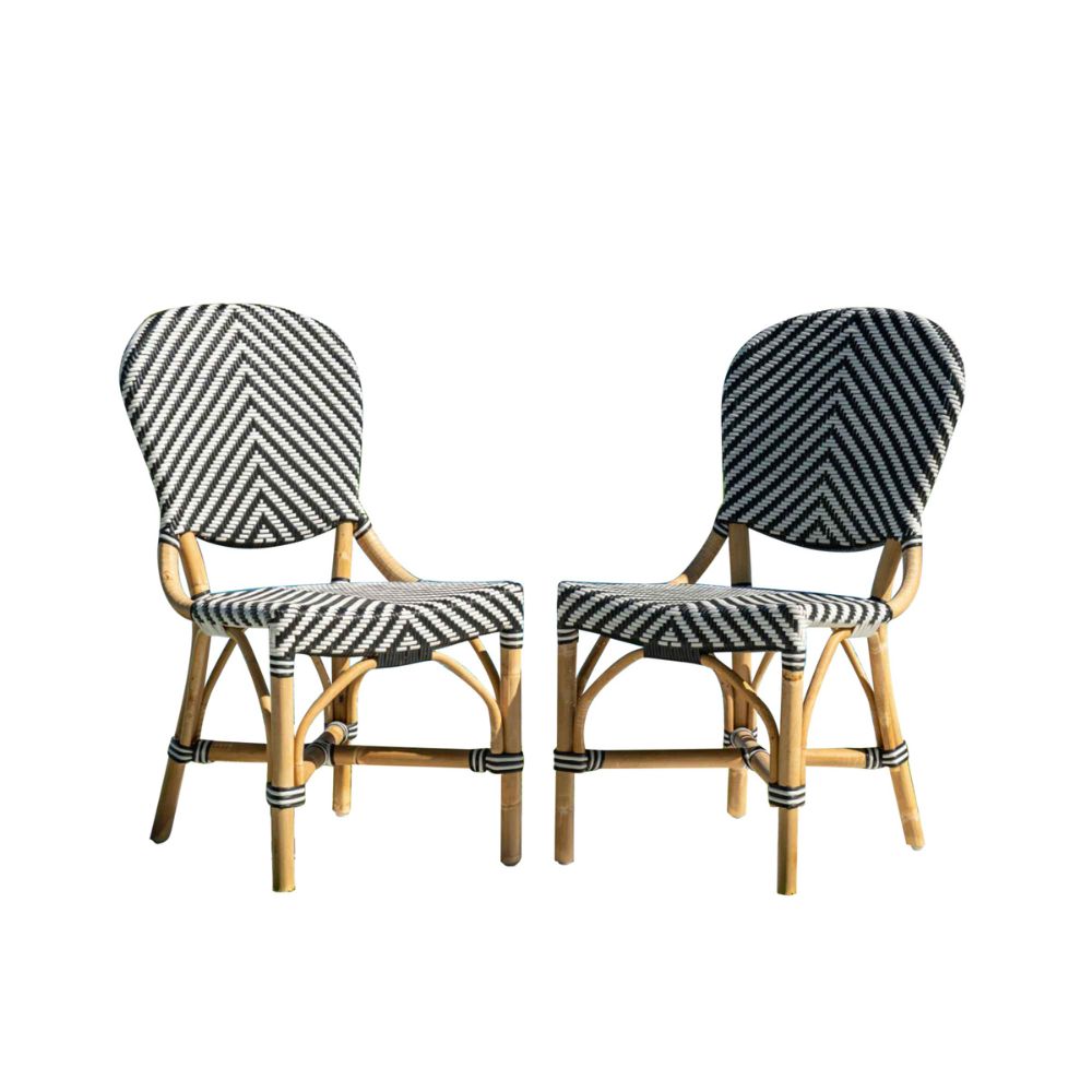 Two black and white patterned chairs with wooden frames on a white background
