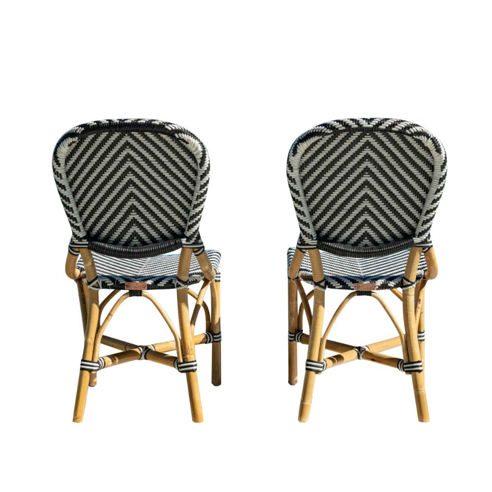 Two wicker bar stools with black and white chevron-patterned seats on a white background