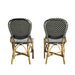 Two wicker bar stools with black and white chevron-patterned seats on a white background