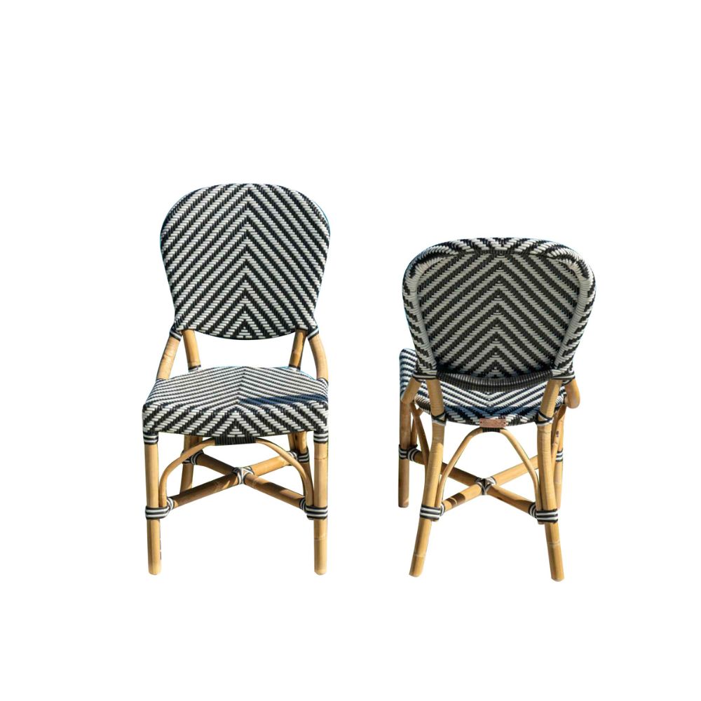 Two black and white striped chairs with wooden frames on a white background
