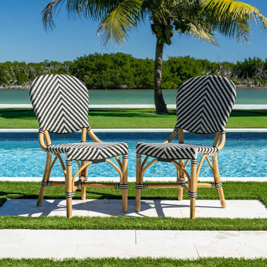 Two black and white striped chairs by a pool with palm trees in the background
