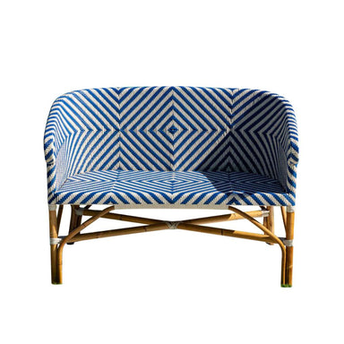 Blue and white patterned chair with wooden frame on a white background