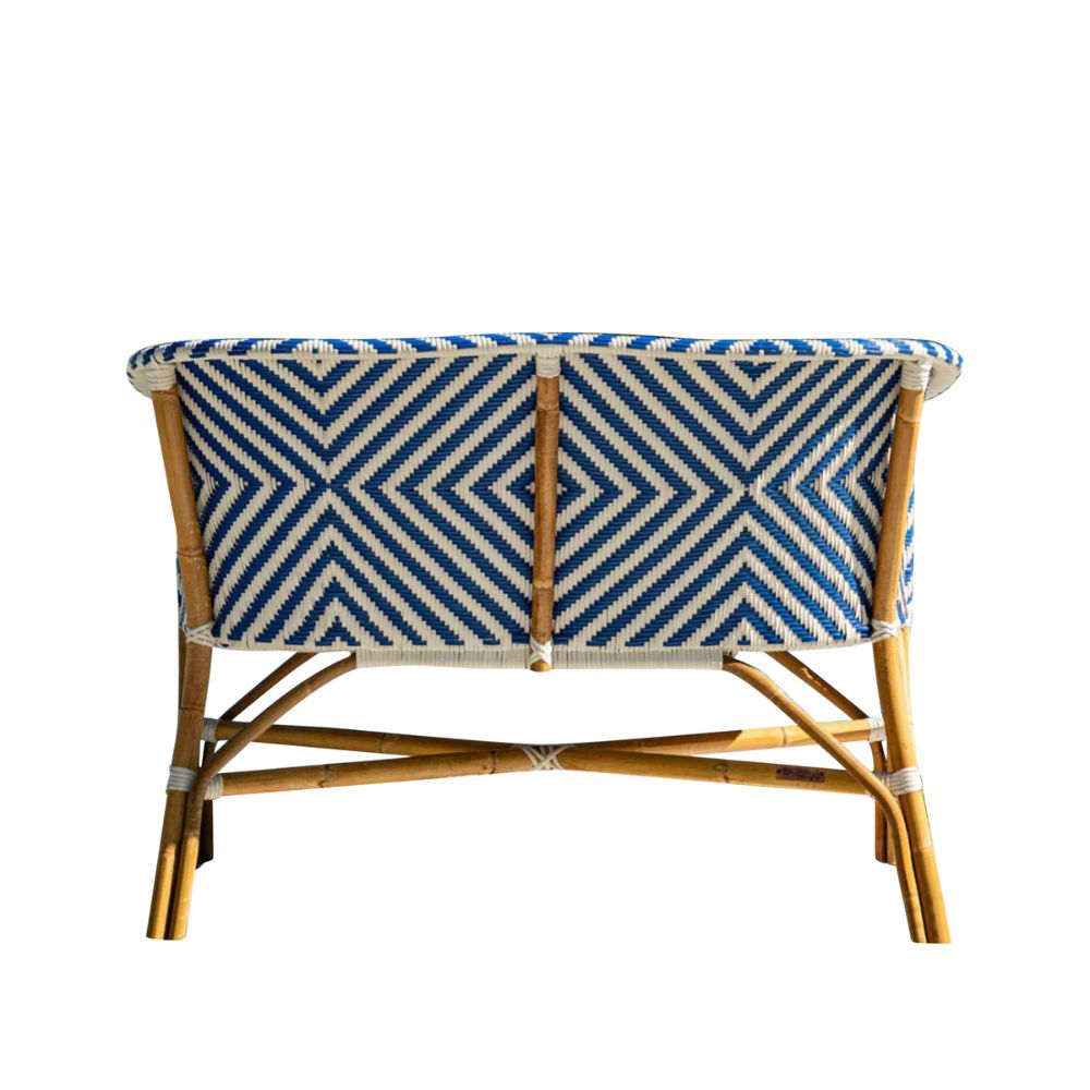 Bench with blue and white chevron pattern on a white background