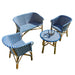 Set of three wicker chairs with blue and white striped cushions and a matching round table on a white background.