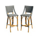 Two bar stools with striped seats and backrests on a white background