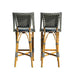 Two bar stools with wicker frames and striped backrests on a white background