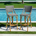 Two striped bar stools by a poolside with green grass and a palm tree in the background.