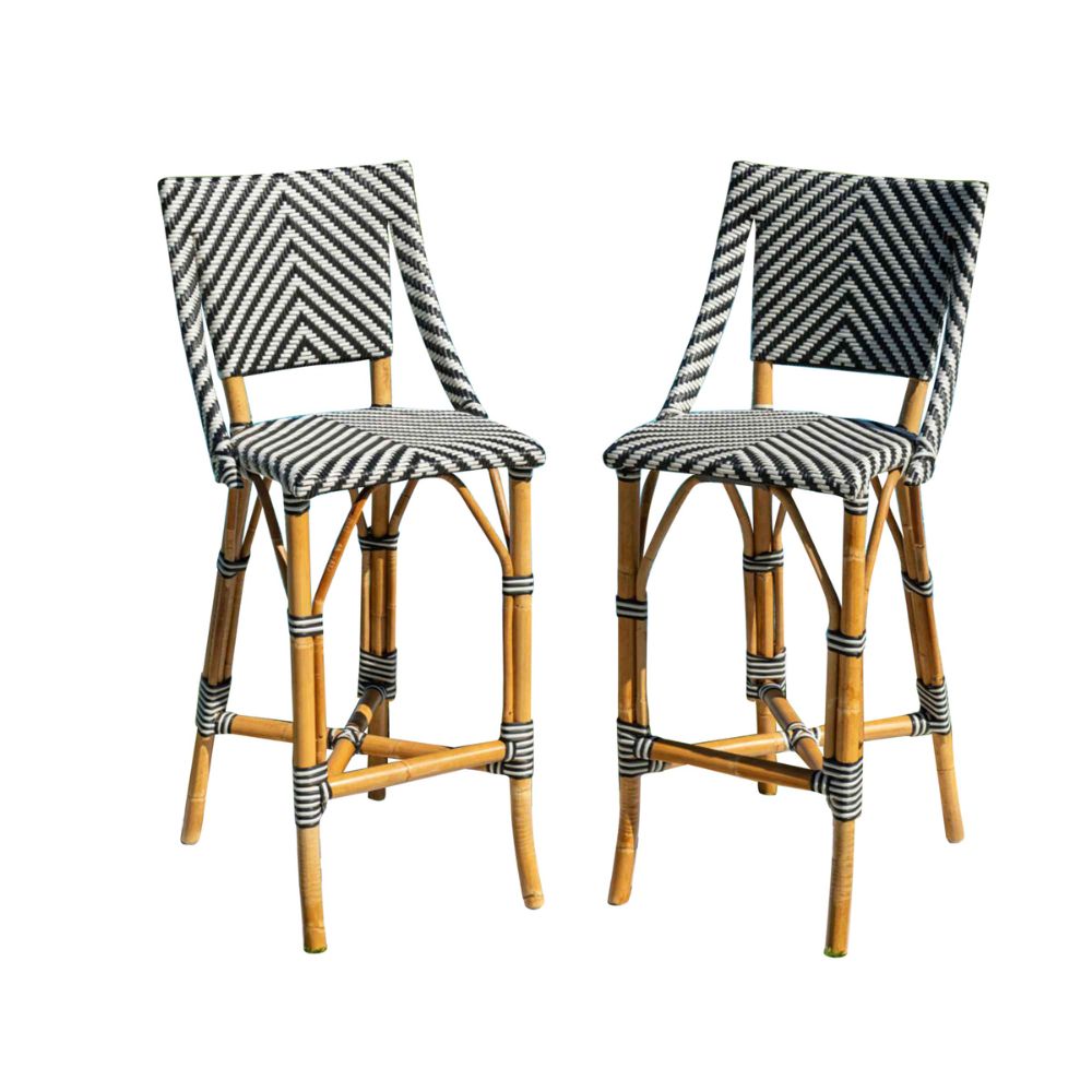 Two bar stools with striped backs and seats on a white background
