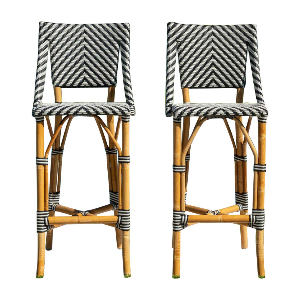 Two bamboo bar stools with striped backrests on a white background