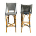 Two bar stools with wicker frames and patterned cushioned seats on a white background