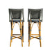 Two bar stools with wicker frames and striped backrests on a white background