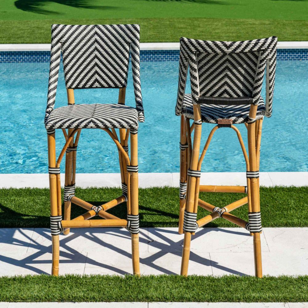 Two bar stools with black and white patterned seats by a pool.