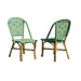 Two green wicker chairs on a white background