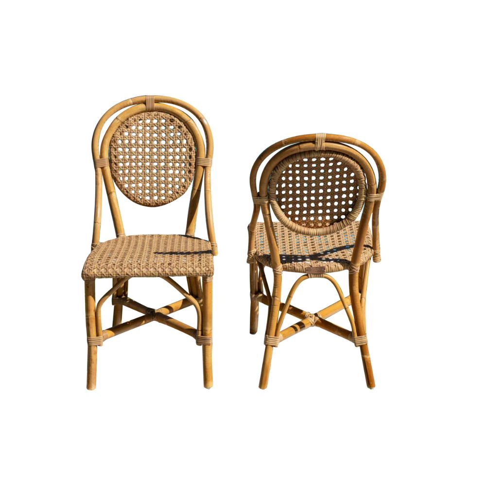 Two wicker chairs with woven seats on a white background