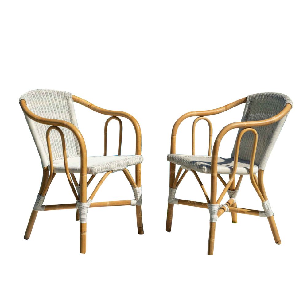Two wicker chairs with white rope seats on a white background