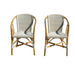Two wicker chairs with striped cushions on a white background