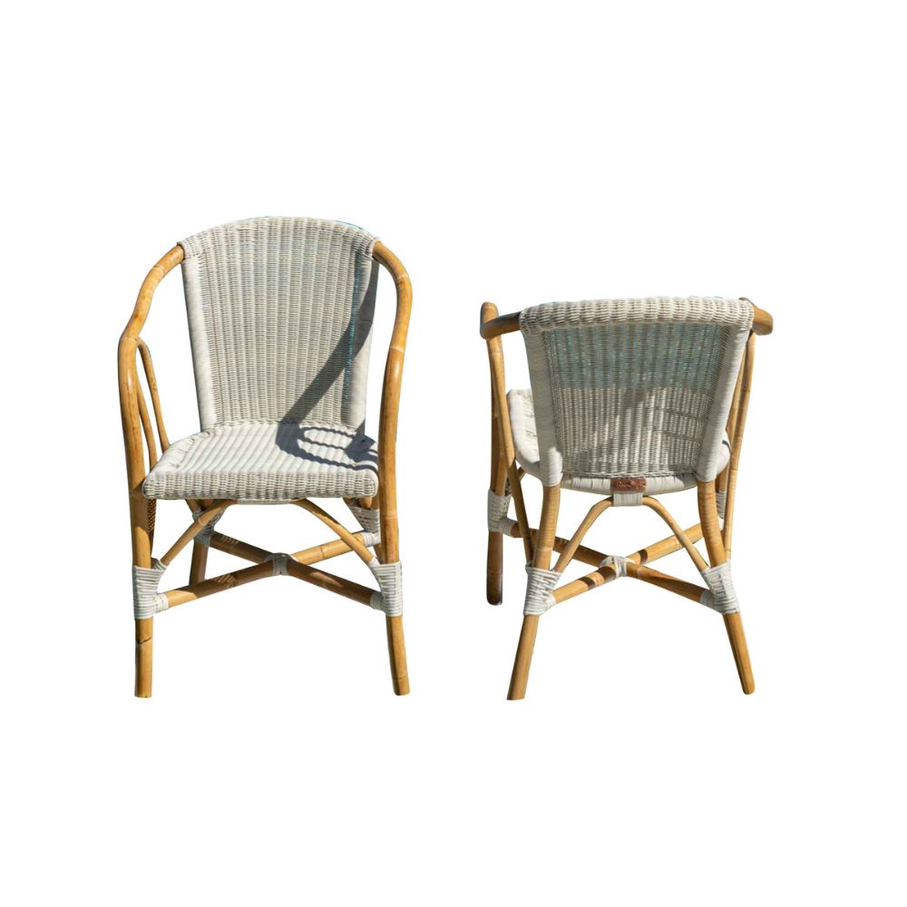Two wicker chairs with woven seats and backrests on a white background