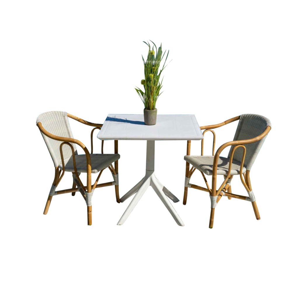 Outdoor furniture set with two chairs and a table on a white background
