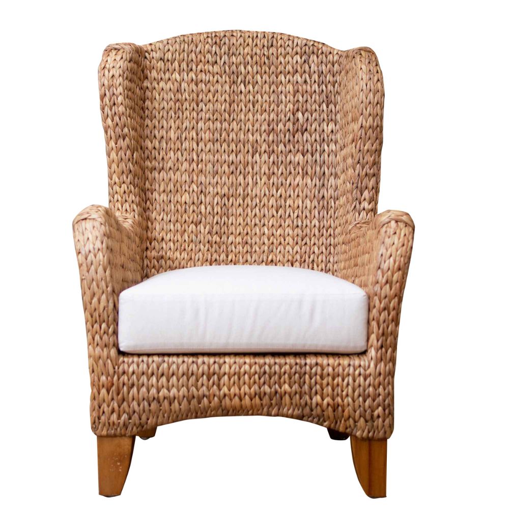Woven armchair with a white cushion on a white background