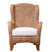 Woven armchair with a white cushion on a white background