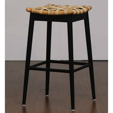 Bar stool with woven seat on a plain background