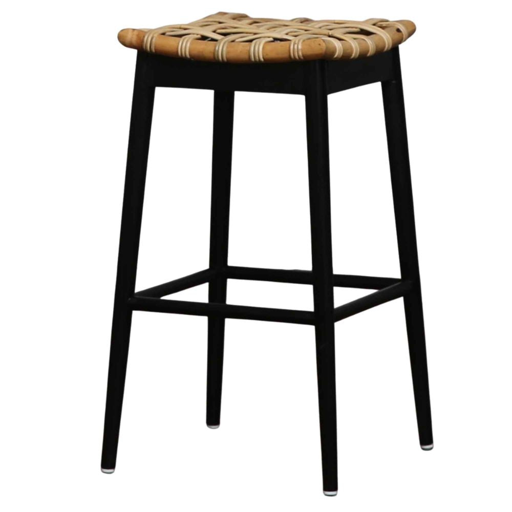 Bar stool with woven seat on a white background