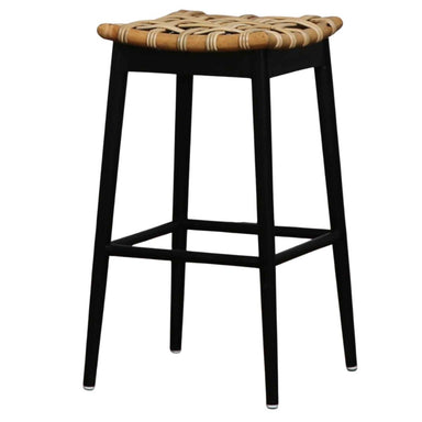 Bar stool with woven seat on a white background