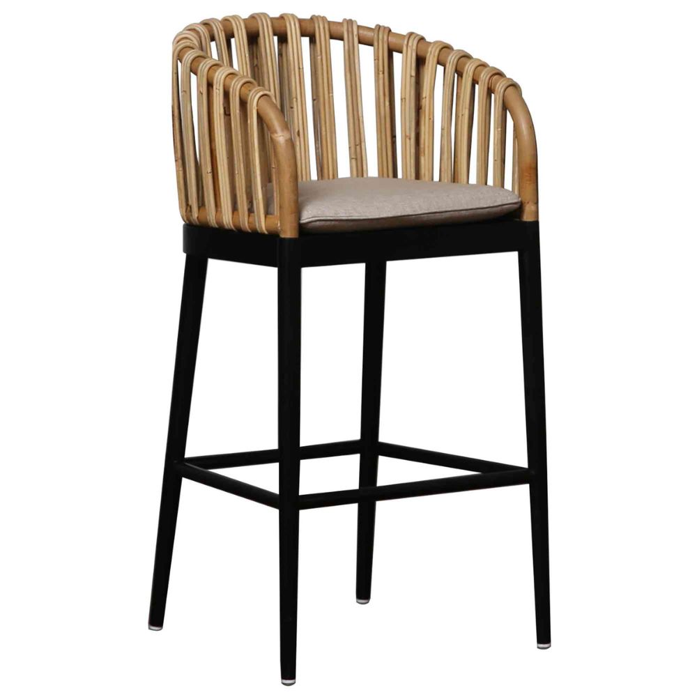 Bar stool with wooden backrest and black legs on a white background
