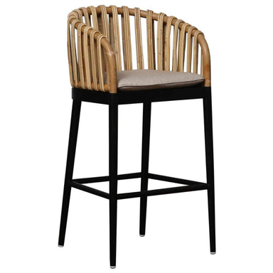 Bar stool with wooden backrest and black legs on a white background