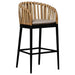 Bar stool with wooden backrest and black legs on a white background