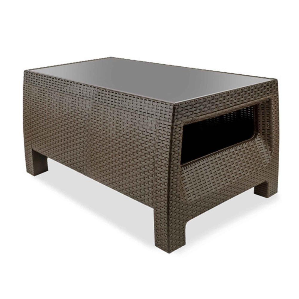 Brown wicker coffee table on a white background