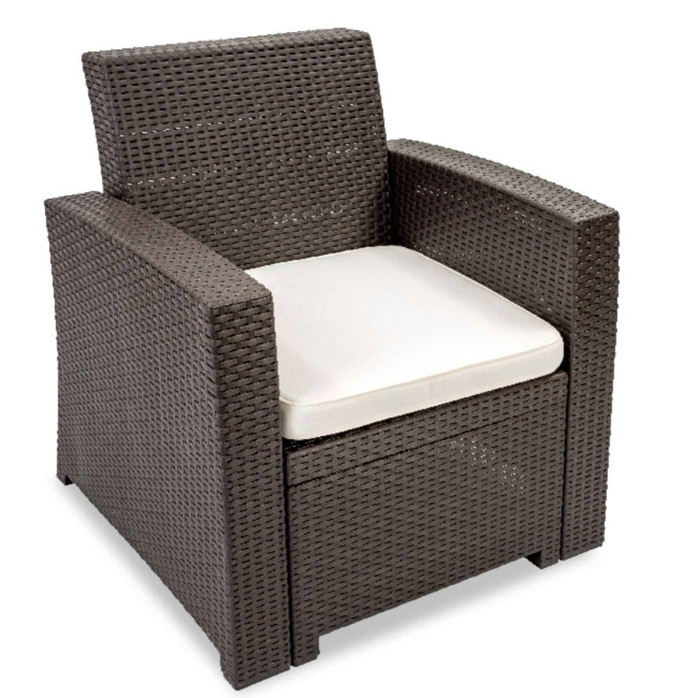 Brown wicker armchair with a white cushion on a white background
