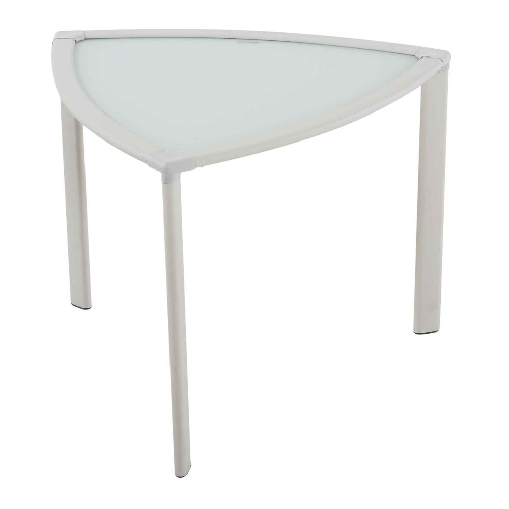 Triangular glass table with white frame on a white background