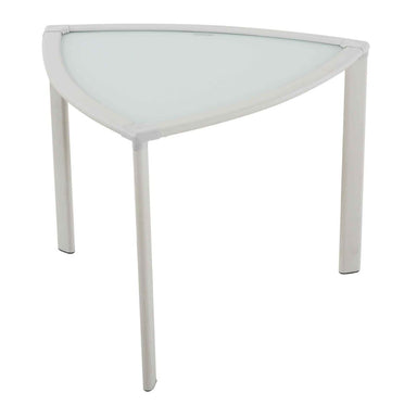 Triangular glass table with white frame on a white background