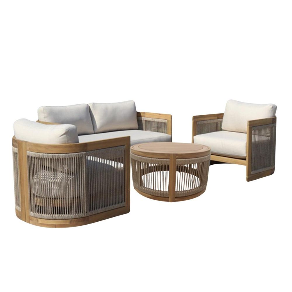 Outdoor furniture set with a sofa, two chairs, and a table on a white background