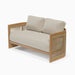 Beige sofa with wooden frame and wicker backrest on a white background