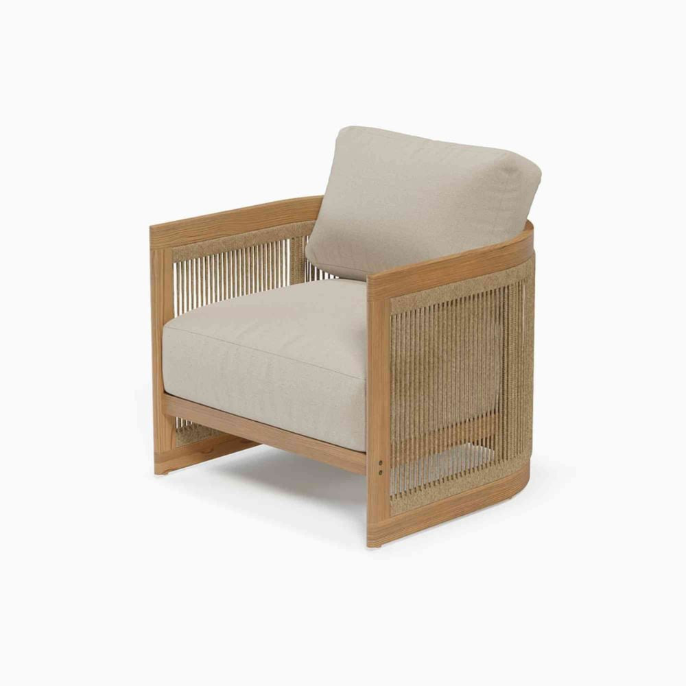 Beige armchair with wooden frame on a white background