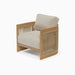 Beige armchair with wooden frame on a white background
