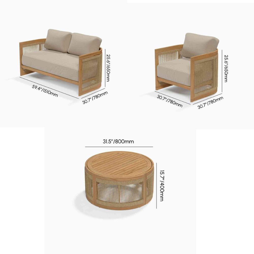 Outdoor furniture set with dimensions labeled on a white background