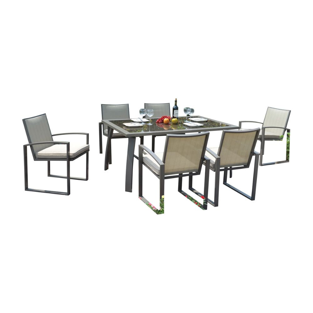 Outdoor dining set with a table and six chairs on a white background