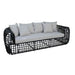 Black wicker outdoor sofa with light gray cushions on a white background