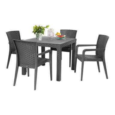 Gray outdoor dining table with four matching chairs on a white background