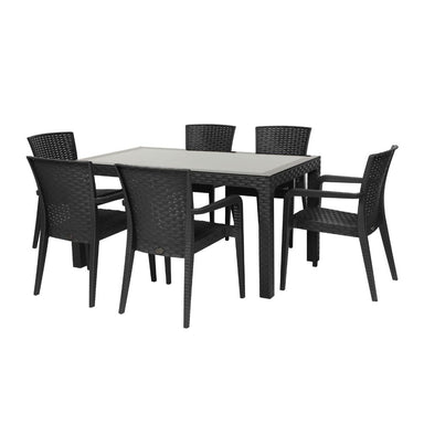 Black wicker dining set with a rectangular table and six chairs on a white background