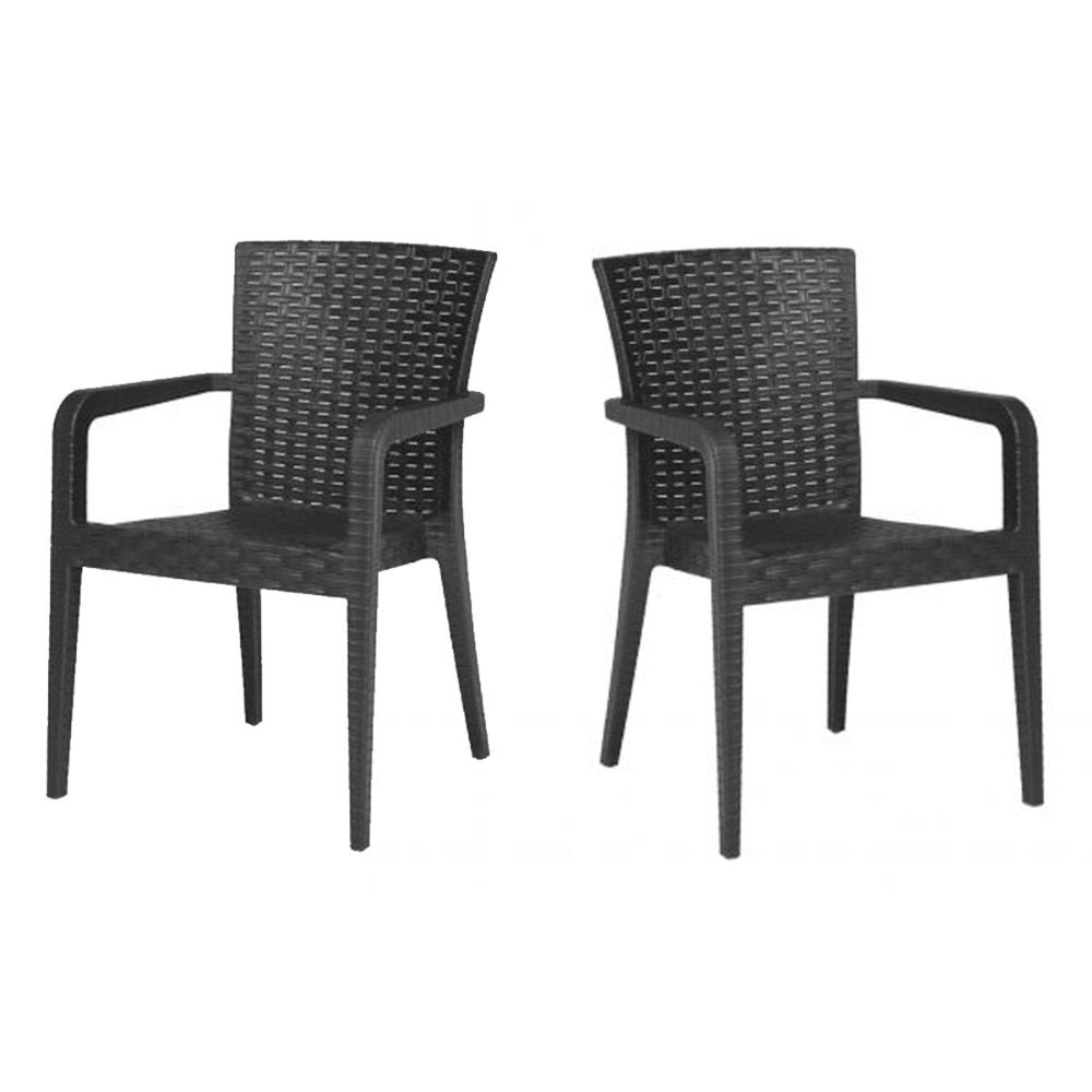 Two black wicker chairs on a white background