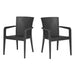 Two black wicker chairs on a white background