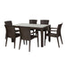 Outdoor furniture set with a rectangular table and six wicker chairs on a white background