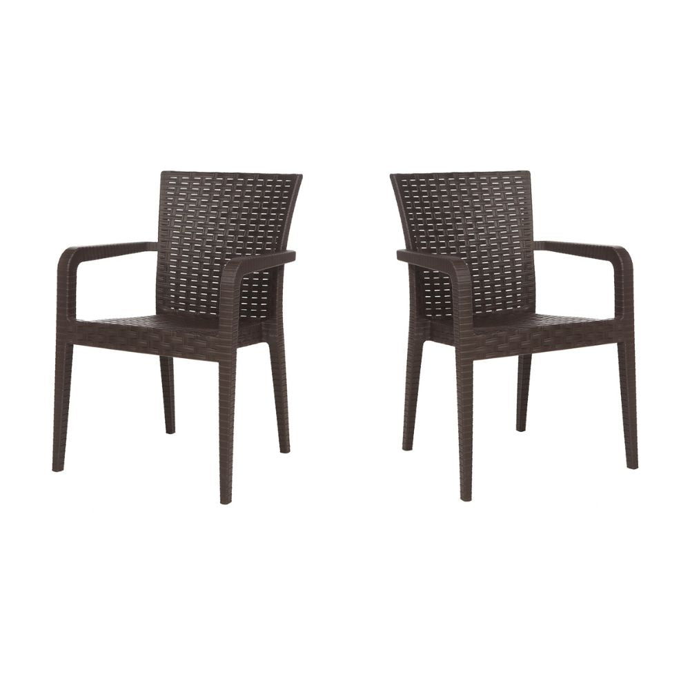 Two brown wicker chairs on a white background