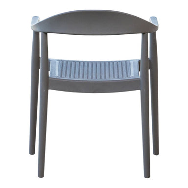 Gray chair with a woven seat on a white background