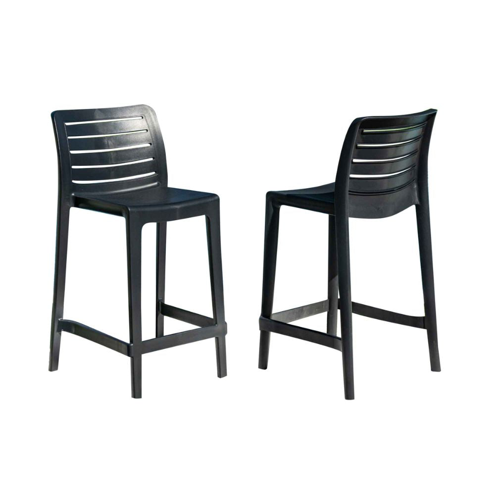 Two black bar stools on a white background