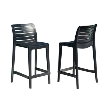 Two black bar stools on a white background